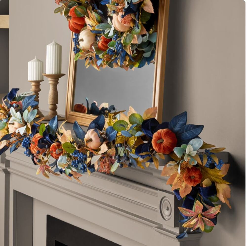 Member's Mark 6' Blue Harvest Garland with Velvet, Soft Pumpkins - Luxurious